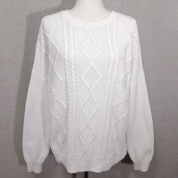 Hollister Chunky Cable-Knit Sweater Size Large White 100% Cotton Crew Neck - Picture 1 of 13